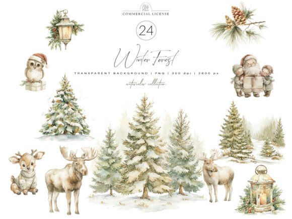 Download 24 PNG Winter Forest Watercolor Set - Png Collection