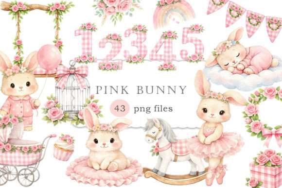 Download Watercolor Pink Bunny Clip Art Set PNG - Png Collection