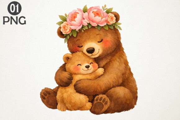 Download Cute Bear Mom Baby Floral Clipart PNG - Png Collection