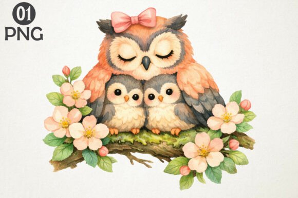 Download Cute Owl Family Floral Clipart PNG Art - Png Collection
