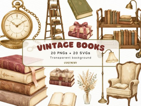Download Vintage Books Watercolor Clipart PNG SVG - Png Collection