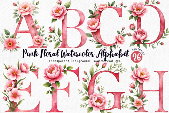 Download Pink Floral Watercolor Alphabet PNG - Alphabet Collection