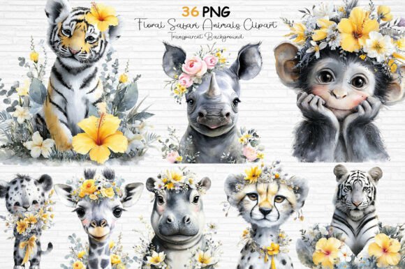 Download Floral Safari Animals Clipart PNG - Png Collection