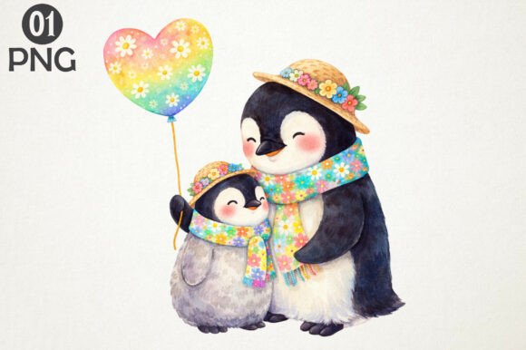 Download Cute Penguin Mom Baby Floral Clipart PNG - Png Collection